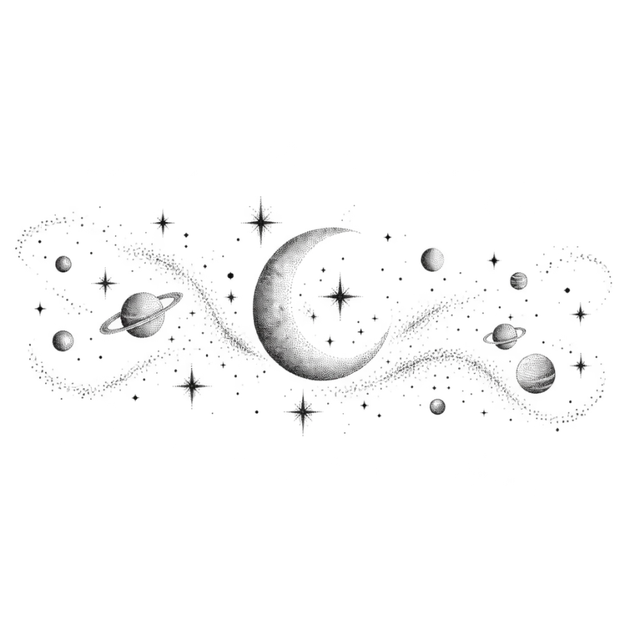 Dotwork stippled tattoo design of a crescent moon with scattered stars