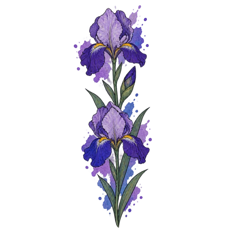 Watercolour thigh tattoo design of a bearded iris stem in violet and indigo washes