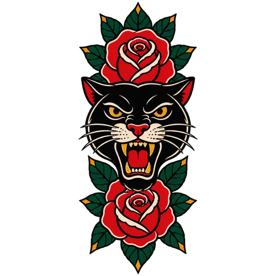 Traditional tattoo design of a panther head framed by roses for the thigh
