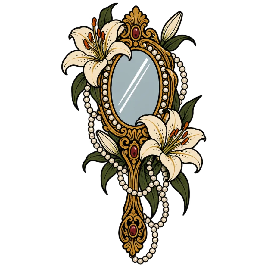 Neo traditional tattoo of an ornate mirror with lilies for the thigh