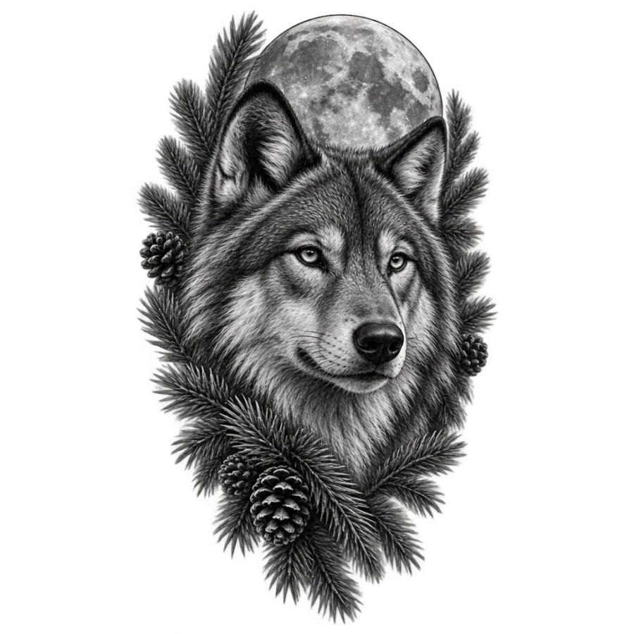 Black and grey realism tattoo of a wolf and full moon for the thigh