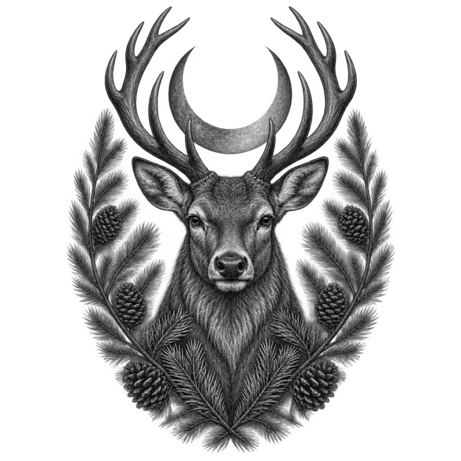 Black and grey realism tattoo of a stag and pine boughs shaped for the upper arm