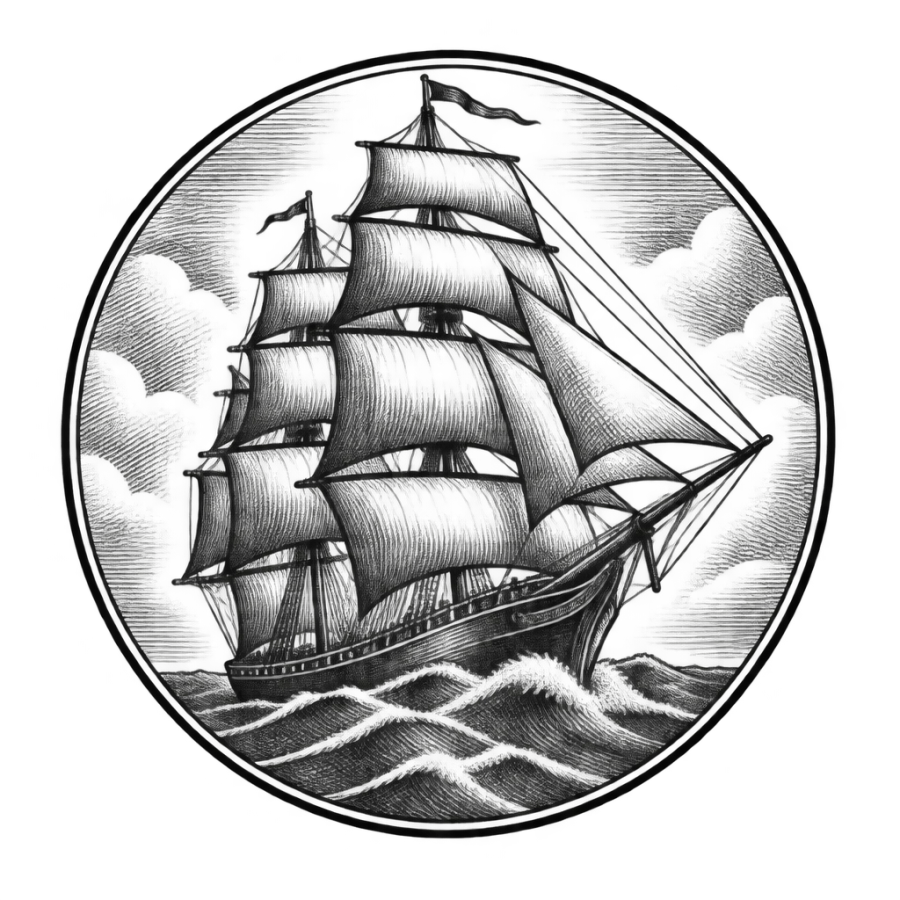 Engraved upper arm medallion tattoo design of a tall sailing ship