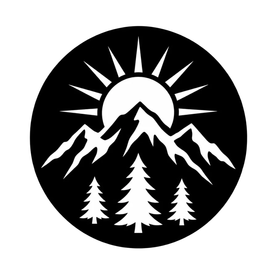 Blackwork upper arm medallion with mountains and sun in negative space