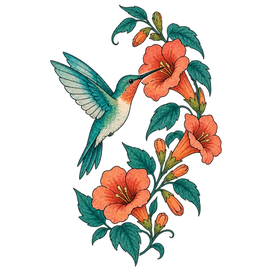 Watercolor upper arm tattoo design of a hummingbird at a trumpet vine