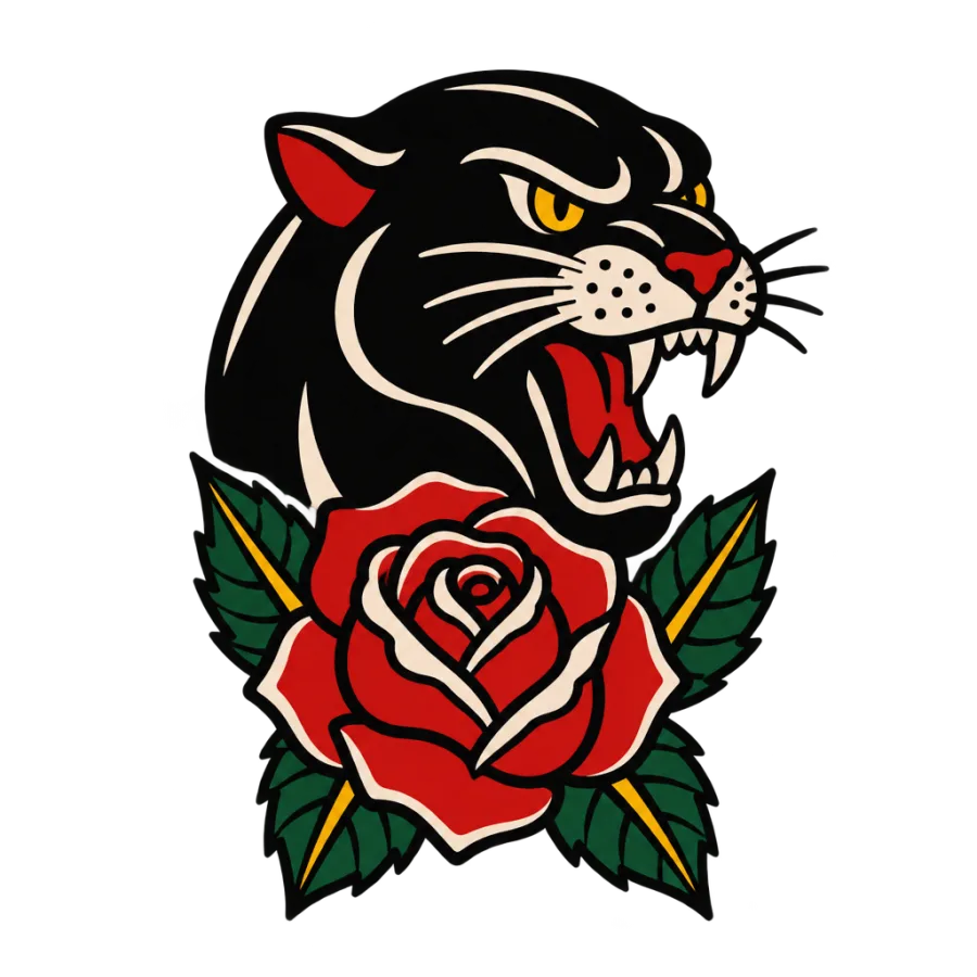 American traditional tattoo of a panther head and rose in an upper arm oval