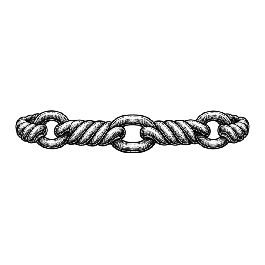 Engraved rope and chain wrist band tattoo with woodcut hatching