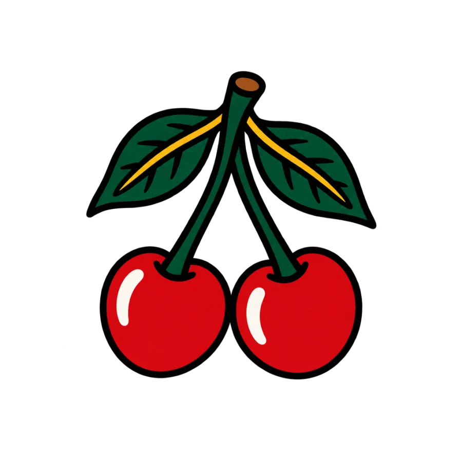 American traditional tattoo design of a small pair of cherries with leaves