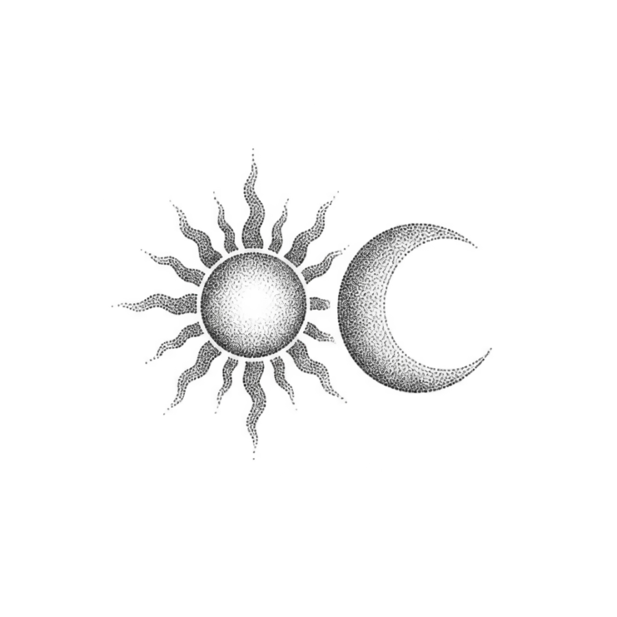Dotwork stippling tattoo design of a small sun and crescent moon pair