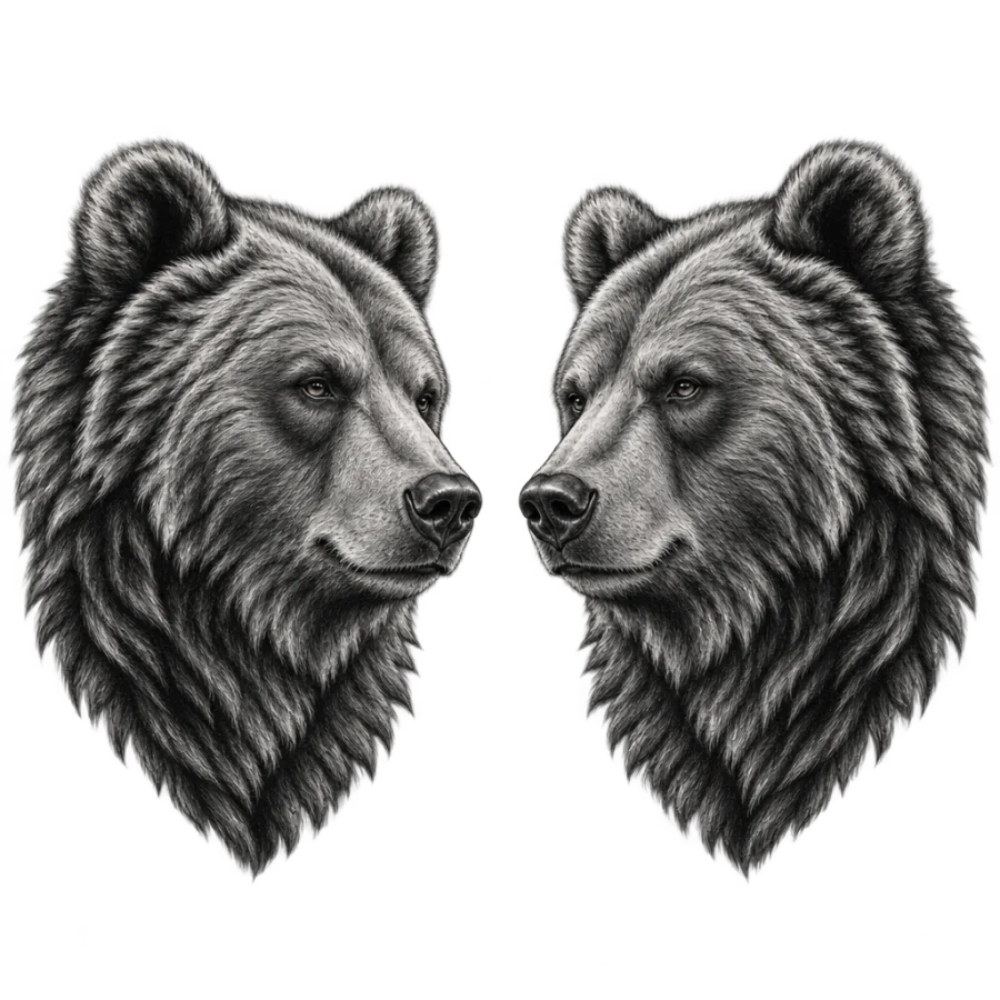 Black and grey realism bear head tattoos matched for brothers