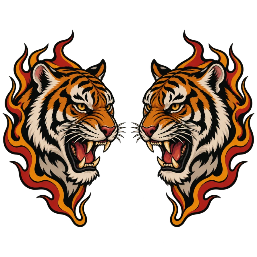 Neo traditional tiger head tattoos paired for brothers