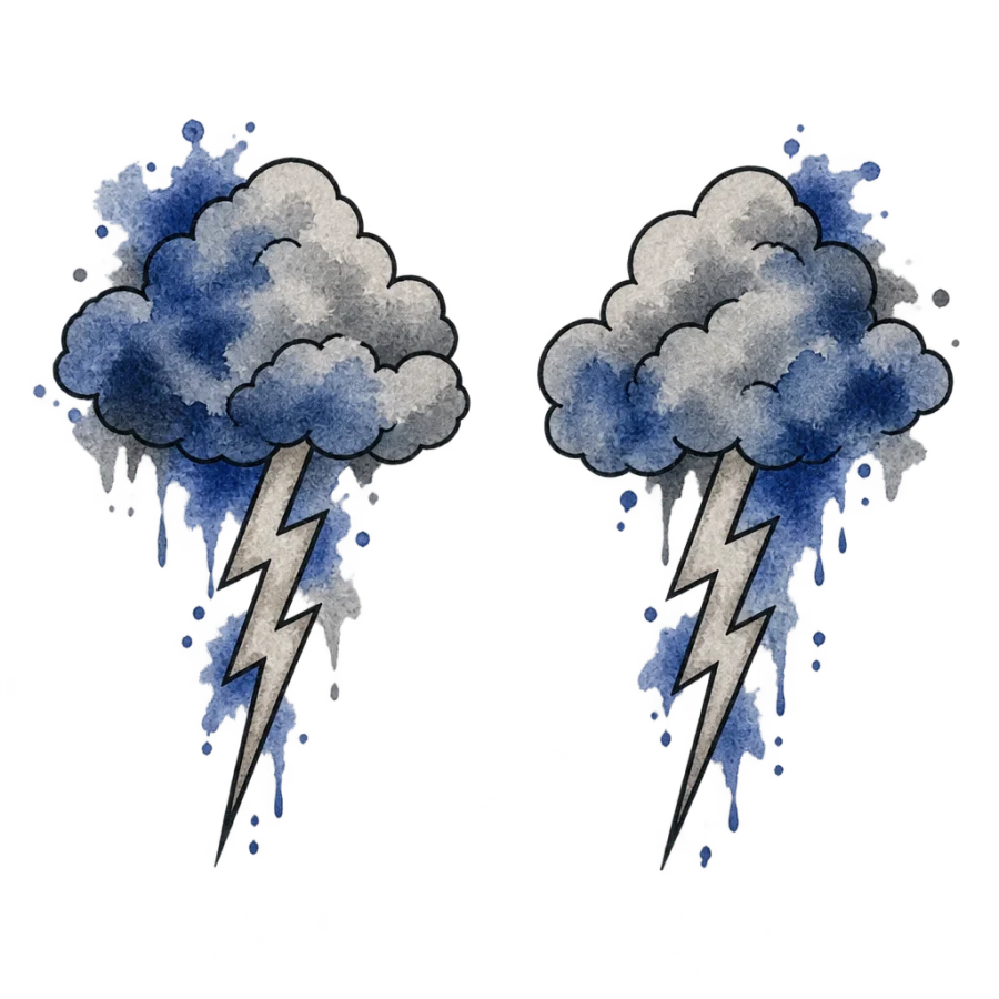 Watercolor storm cloud and lightning tattoos paired for brothers