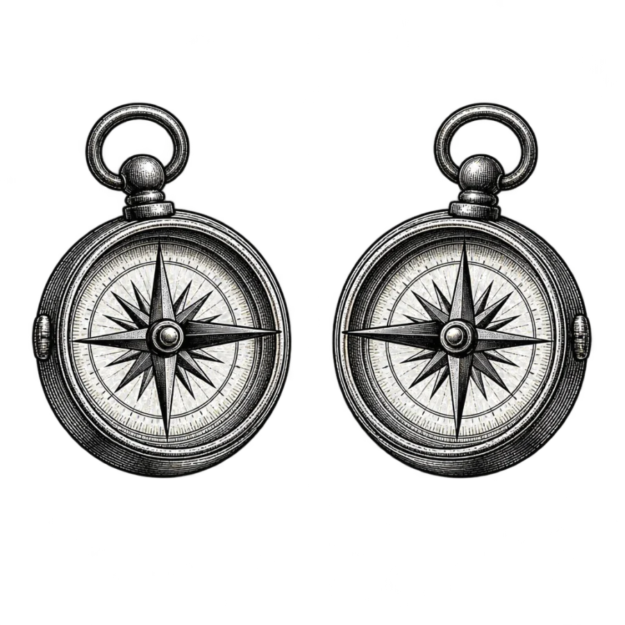 Engraved matching pocket compass tattoo pair with needles pointing to each other