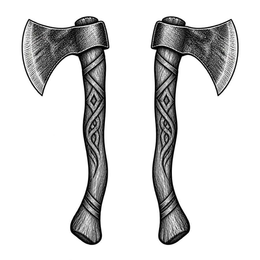 Engraved mirrored hand axe tattoos drawn as a brother pair