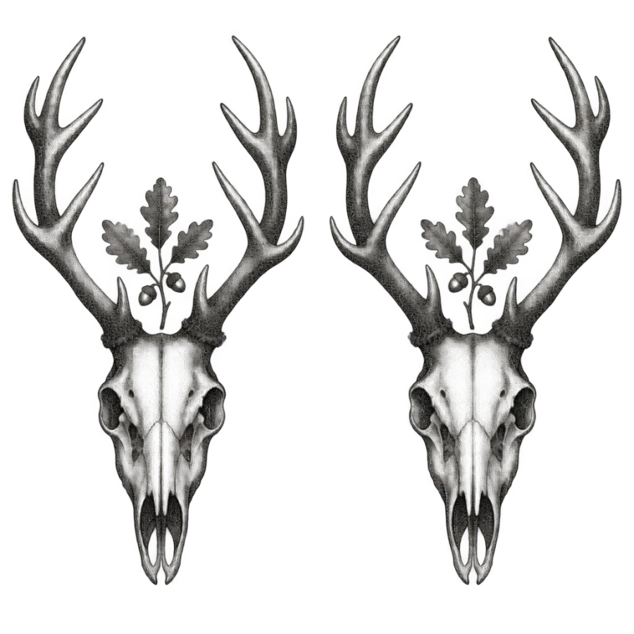 Dotwork stag skull tattoos mirrored as a matching brother pair