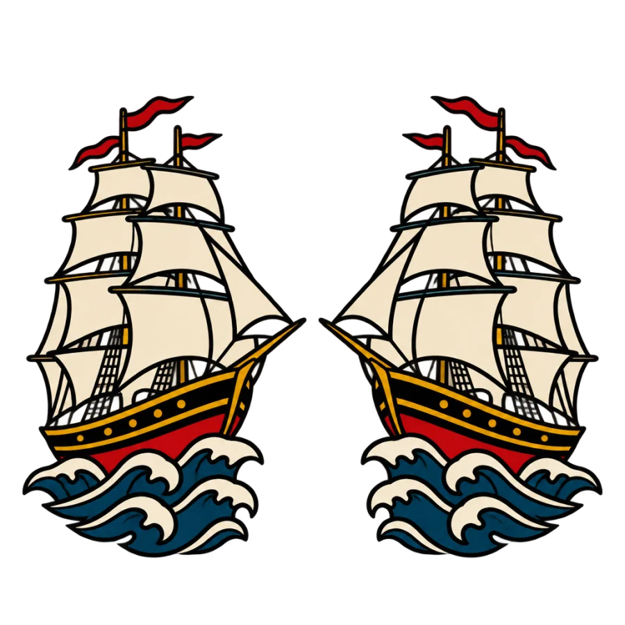 American traditional paired sailing ship tattoos for brothers
