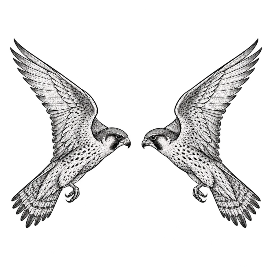 Fine line mirrored falcon tattoos designed as a brother pair
