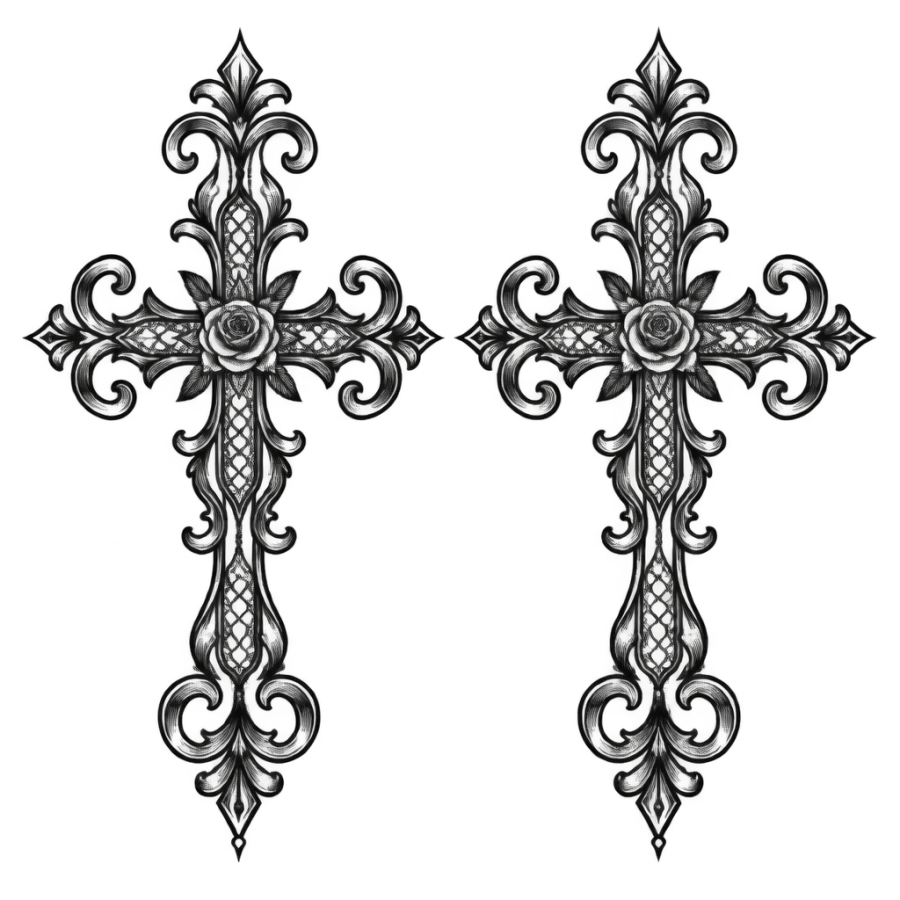 Ornamental filigree cross emblem tattoos matched for brothers
