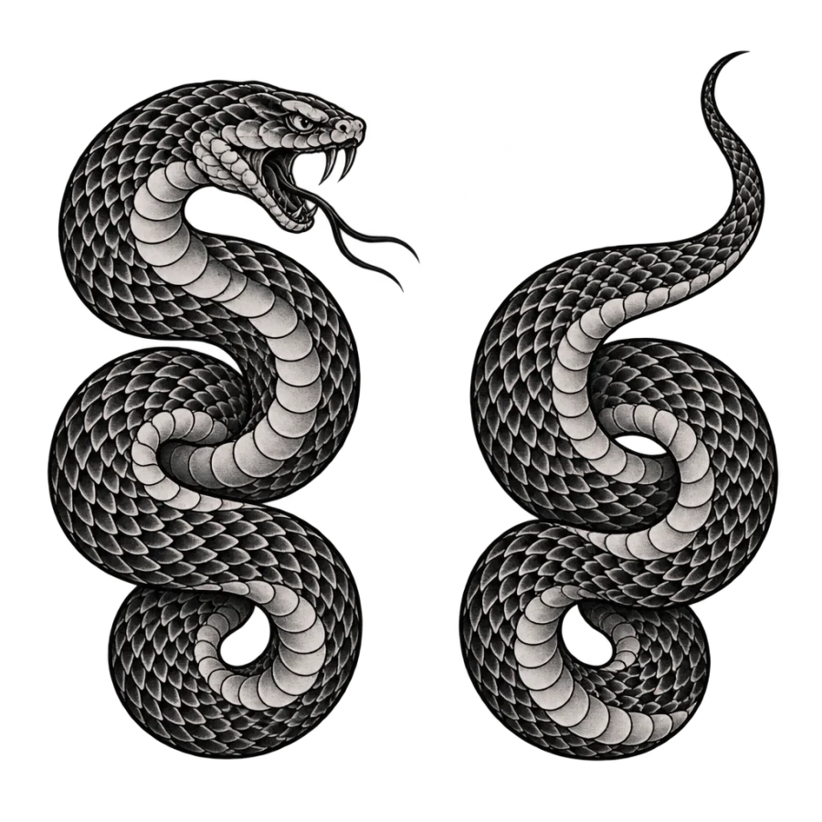 Japanese style split snake coil tattoos as a brother pair