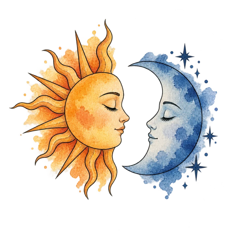 Watercolour couple tattoo pair showing a sun and a crescent moon