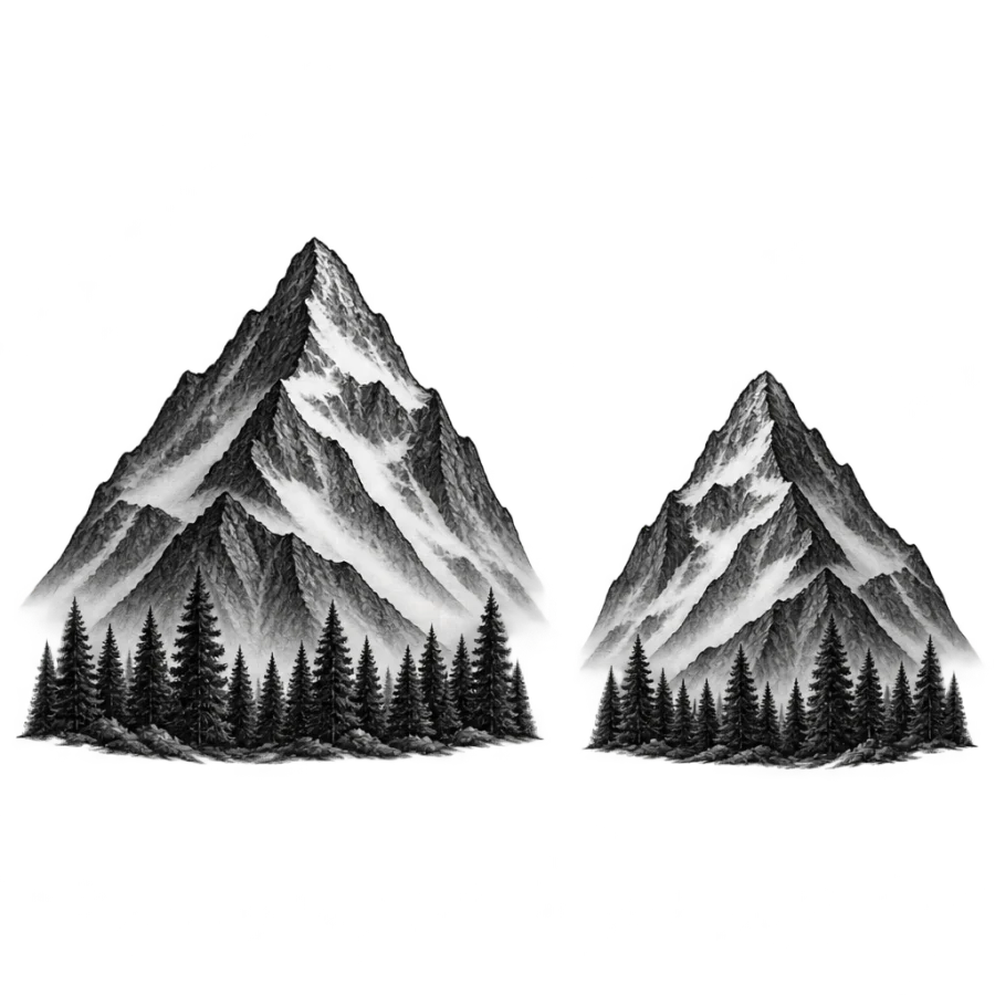 Black and grey matching mountain tattoos for father and son