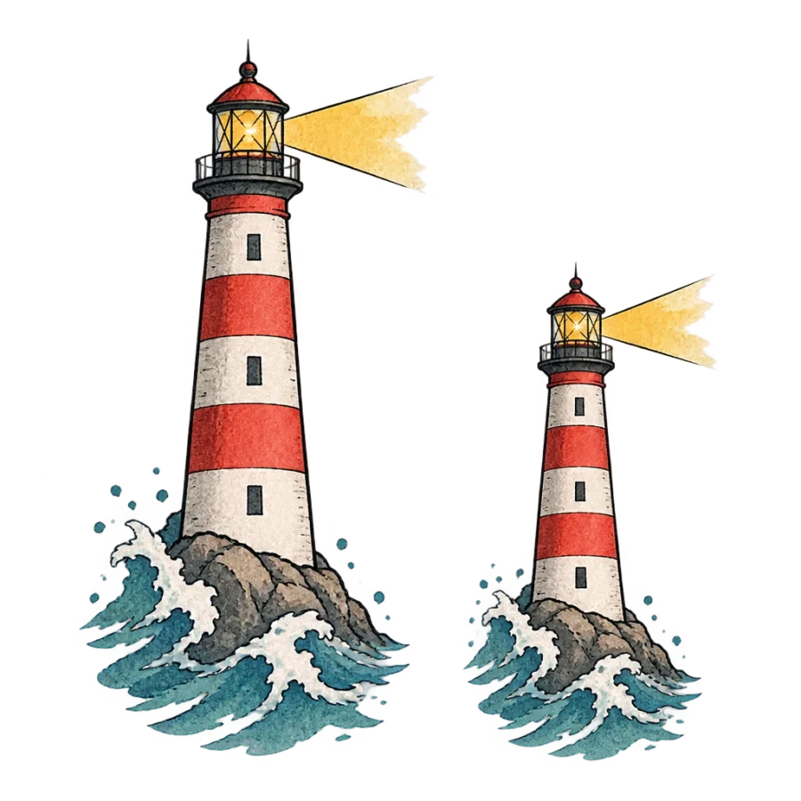 Watercolor large and small lighthouse tattoos for father and son