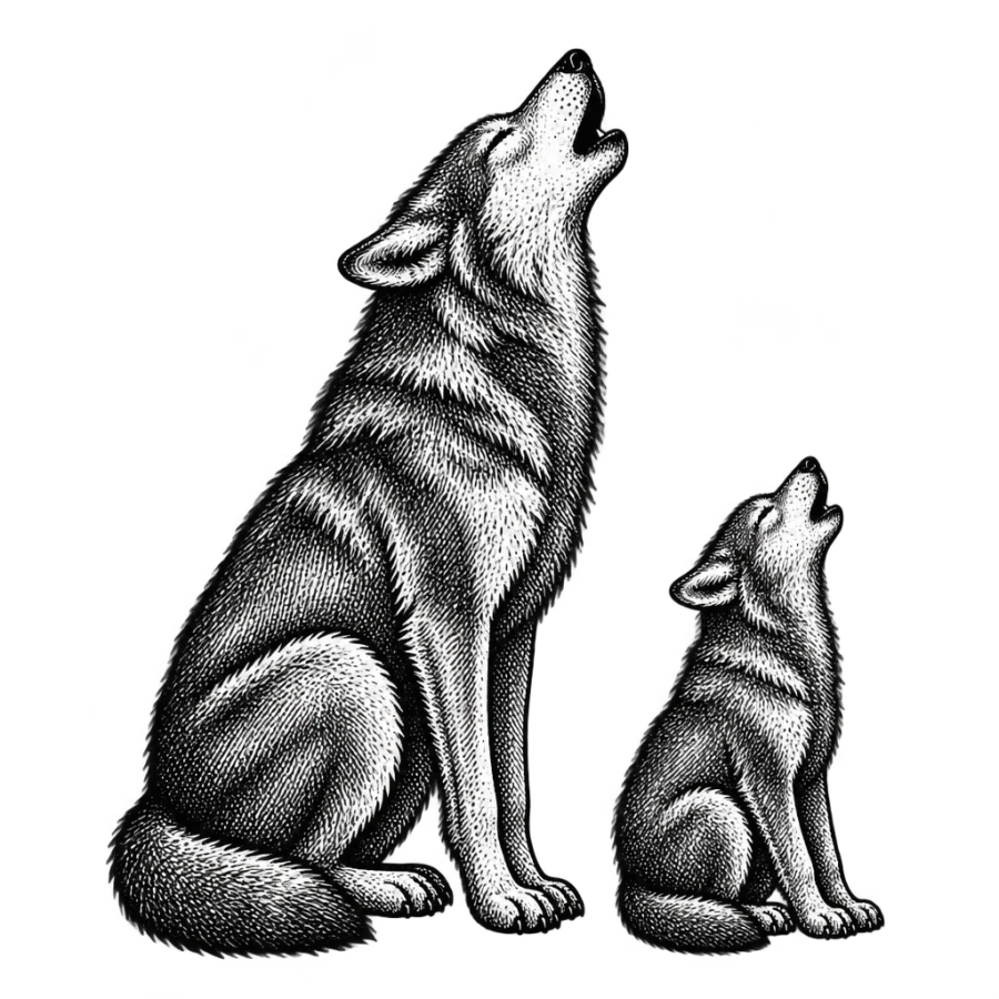 Engraved howling wolf and pup pair tattoo design for father and son