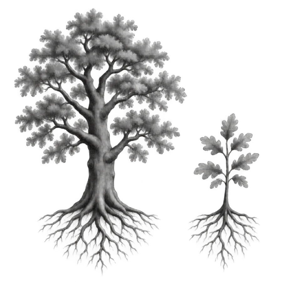 Dotwork oak and sapling tattoos paired for father and son