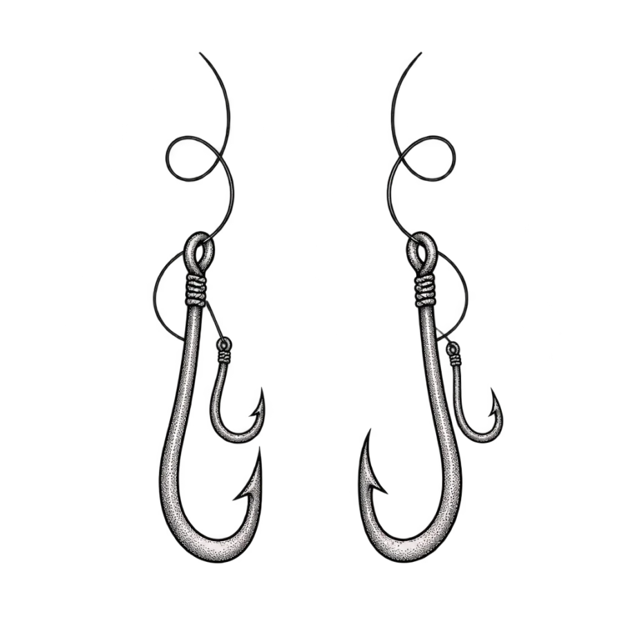 Fine line fishing hook tattoos matched for father and son