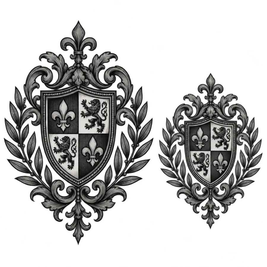 Ornamental heraldic crest tattoos sized as a father and son pair