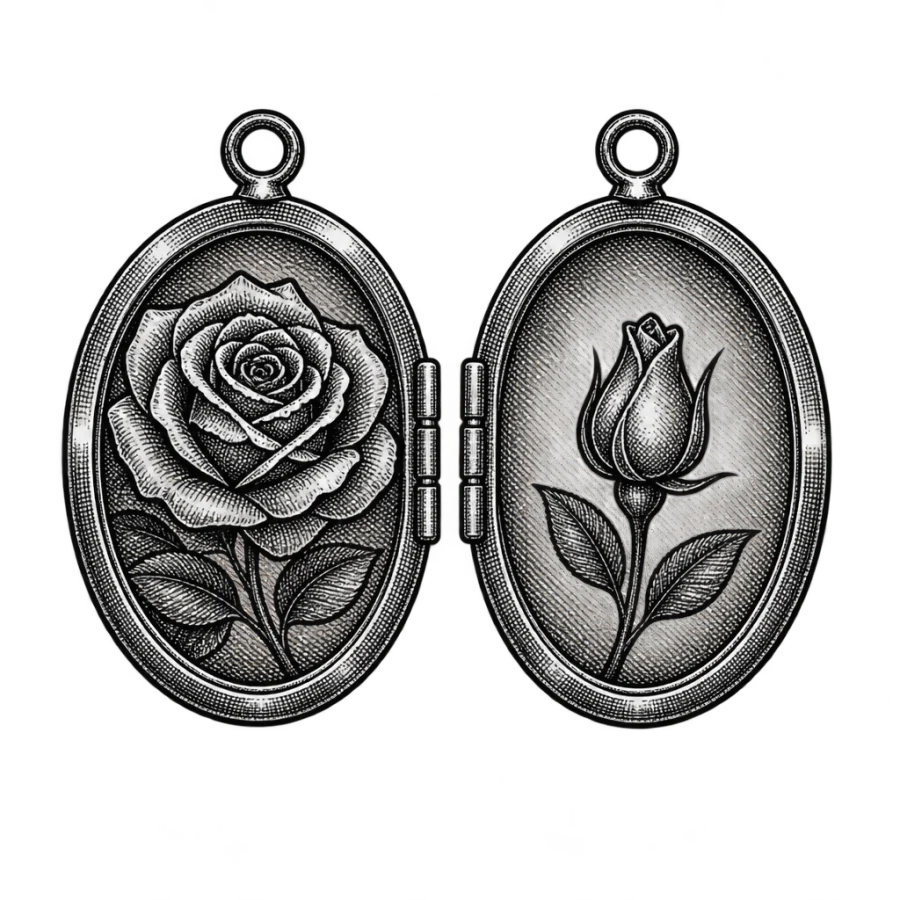 Engraved matching locket halves tattoo with a rose and a rosebud