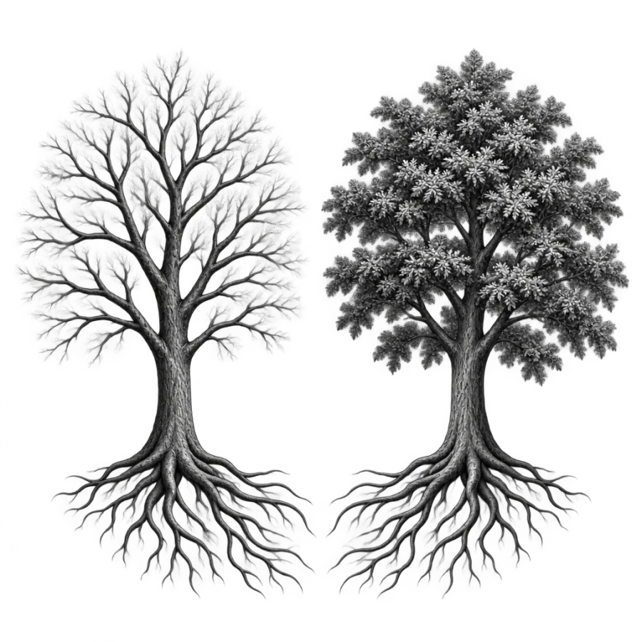 Black and grey paired tree tattoos for siblings, bare and leafed