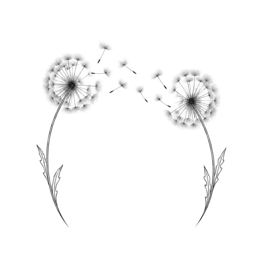 Airy fine line dandelion tattoos drawn as a sibling pair