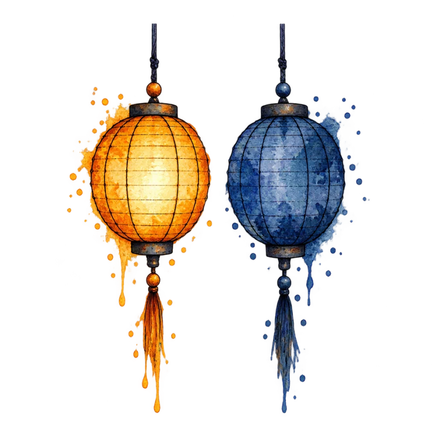 Watercolor sibling tattoo design of two paper lanterns, one lit, one dark