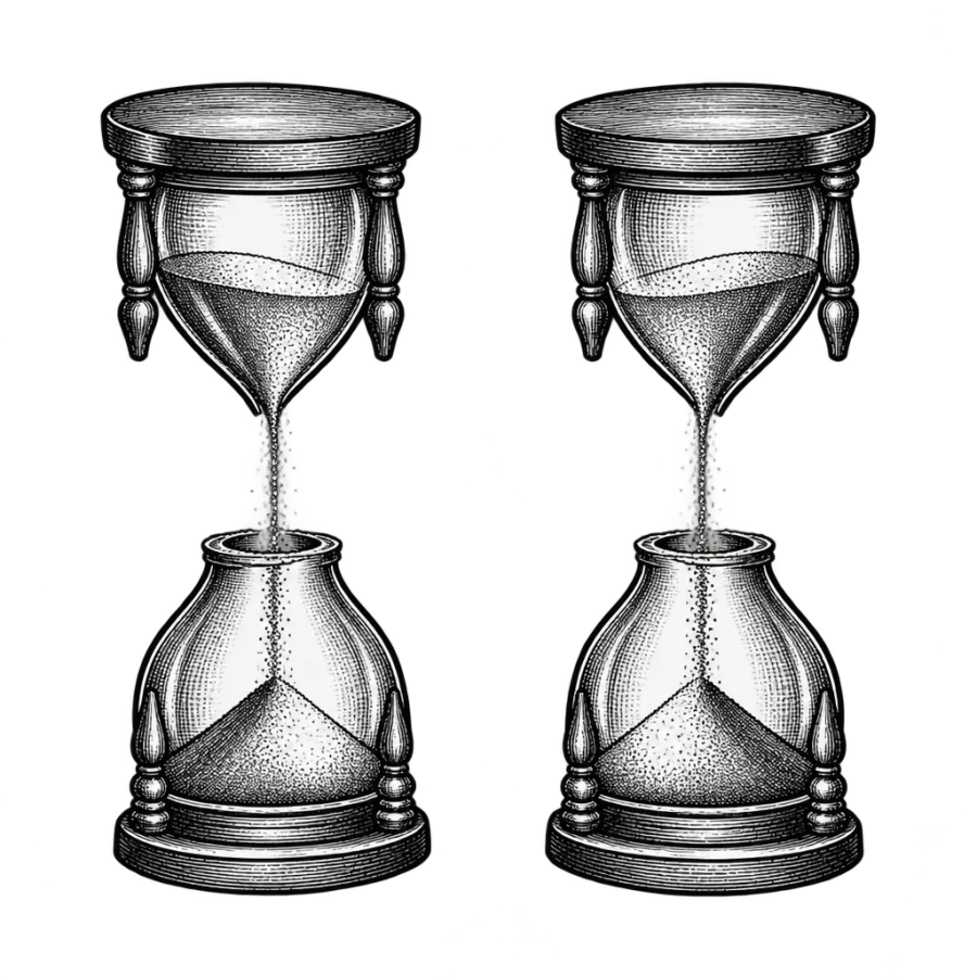 Engraved hourglass split into two matching sibling tattoos