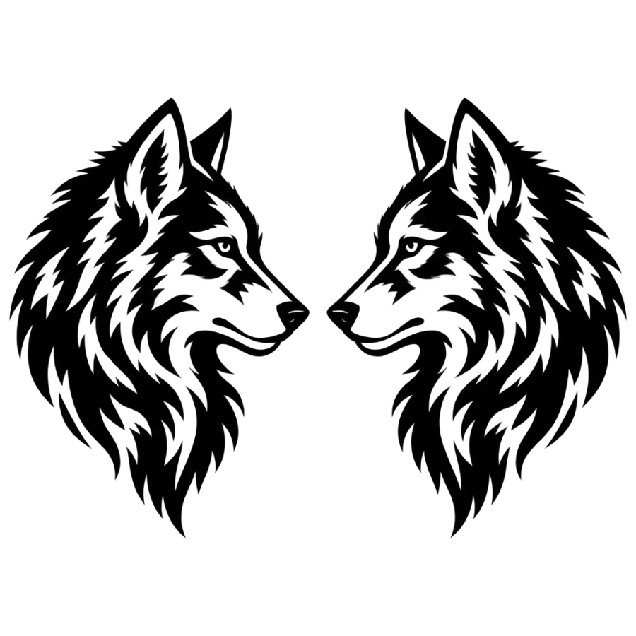 Blackwork mirrored wolf head tattoos designed for siblings