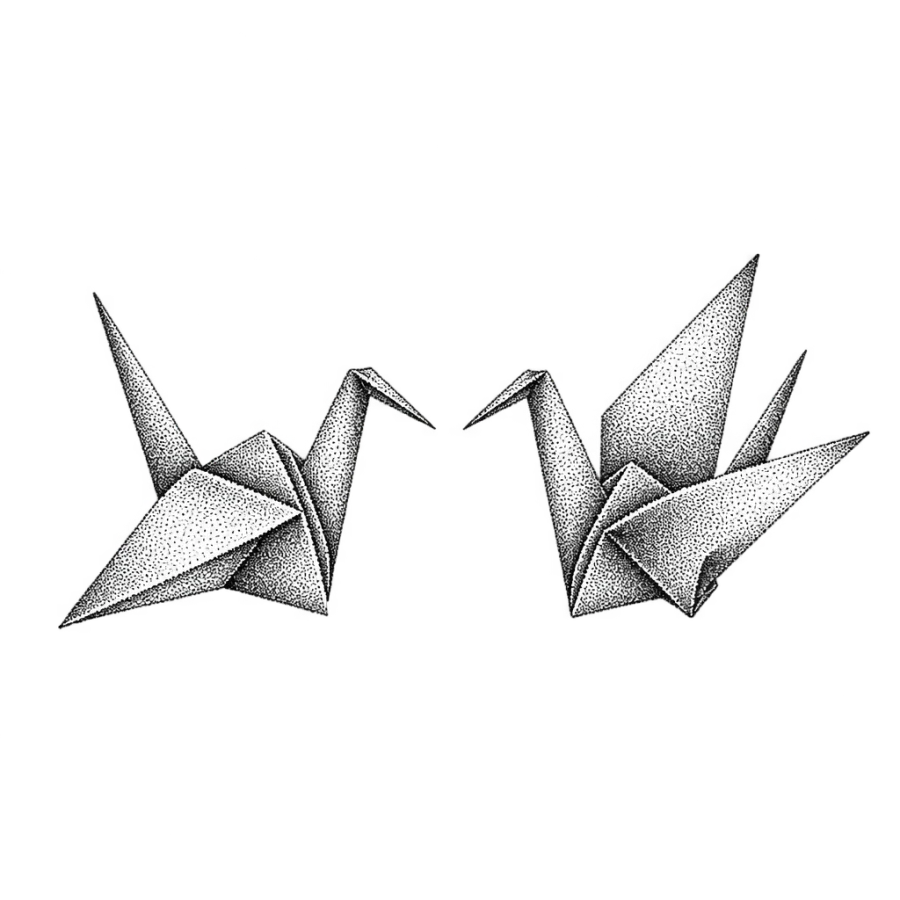 Dotwork origami crane tattoos drawn as a sibling pair