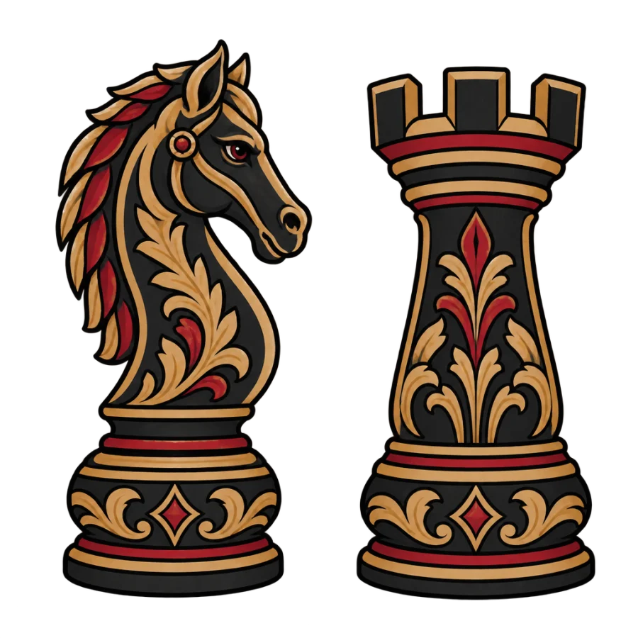 Neo traditional chess knight and rook tattoos for siblings