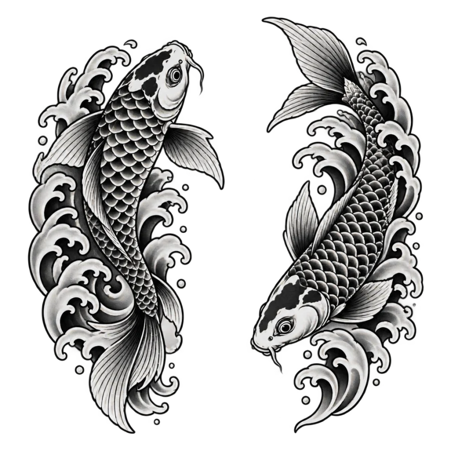 Japanese style paired koi tattoos for sisters facing each other