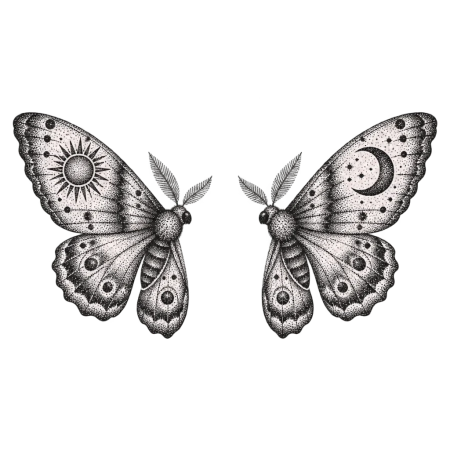 Dotwork sun and moon moth tattoos designed as a sister pair