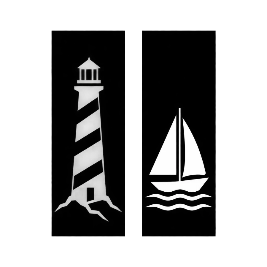 Blackwork sister tattoo pair with a lighthouse and a sailboat in negative space