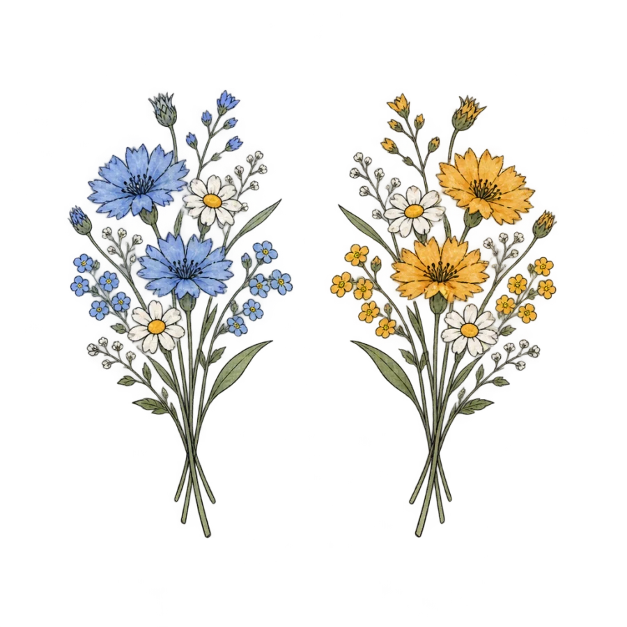 Watercolour sister tattoo pair of matching wildflower posies in blue and amber