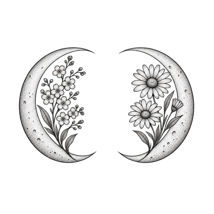 Matching fine line crescent moon sister tattoos with different flowers