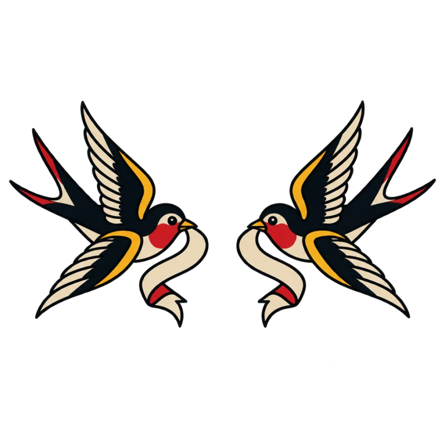 Matching American traditional sparrow tattoos for sisters as a pair