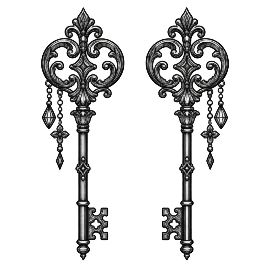 Ornamental filigree mirrored key tattoos designed as a sister pair