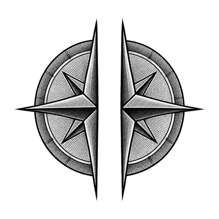 Engraved compass rose split into two matching sister tattoos