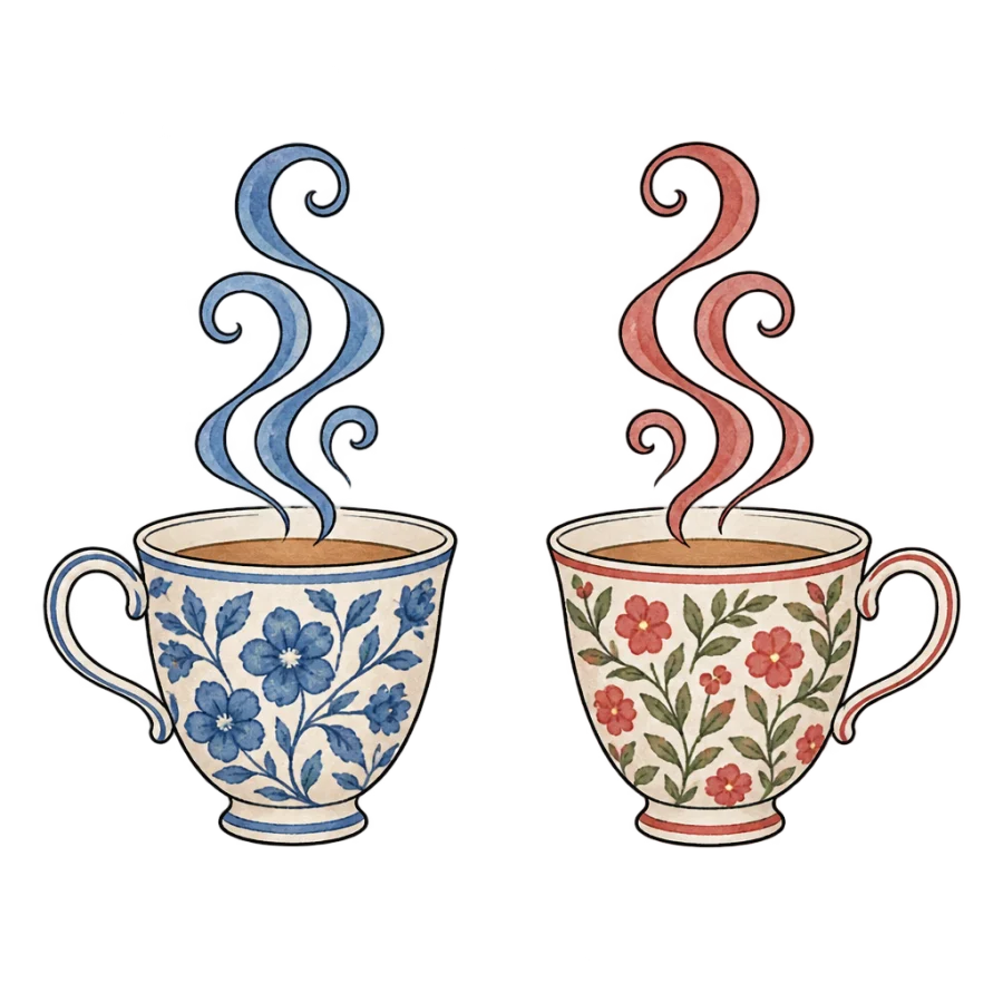 Watercolor matching teacup tattoos drawn as a sister pair