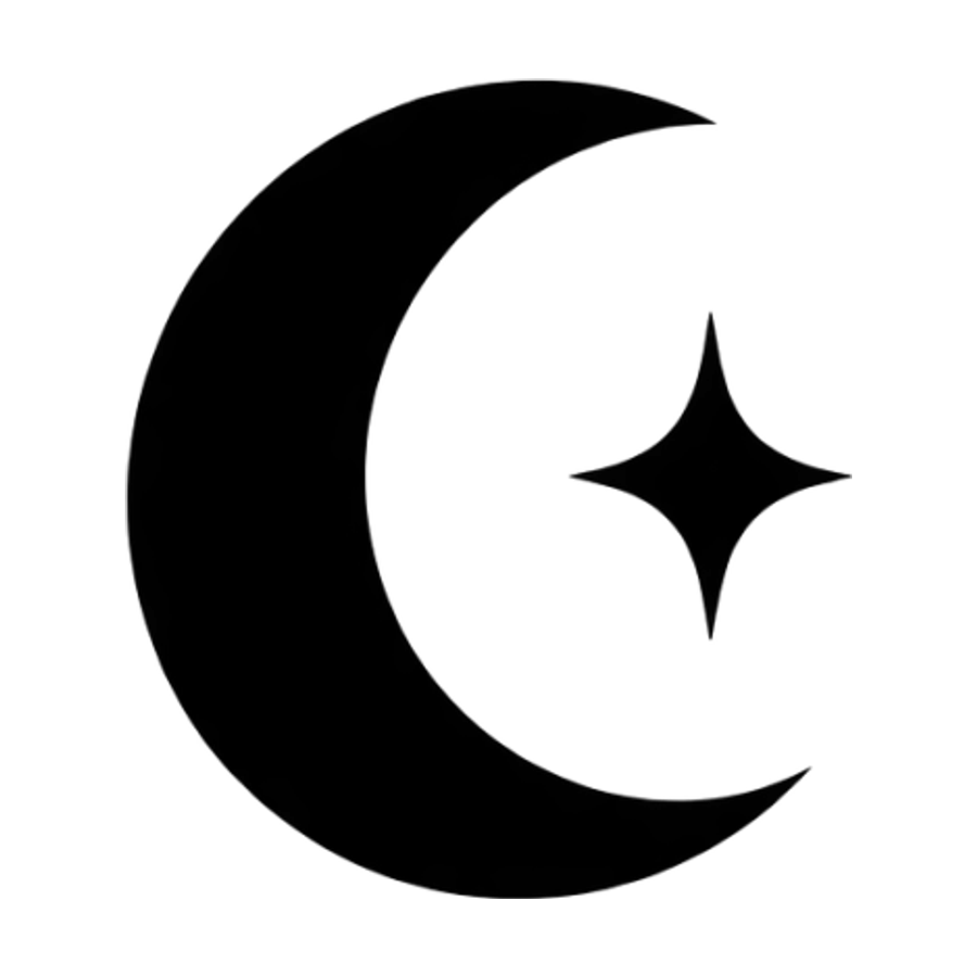 Small solid black tattoo of a crescent moon with a single star