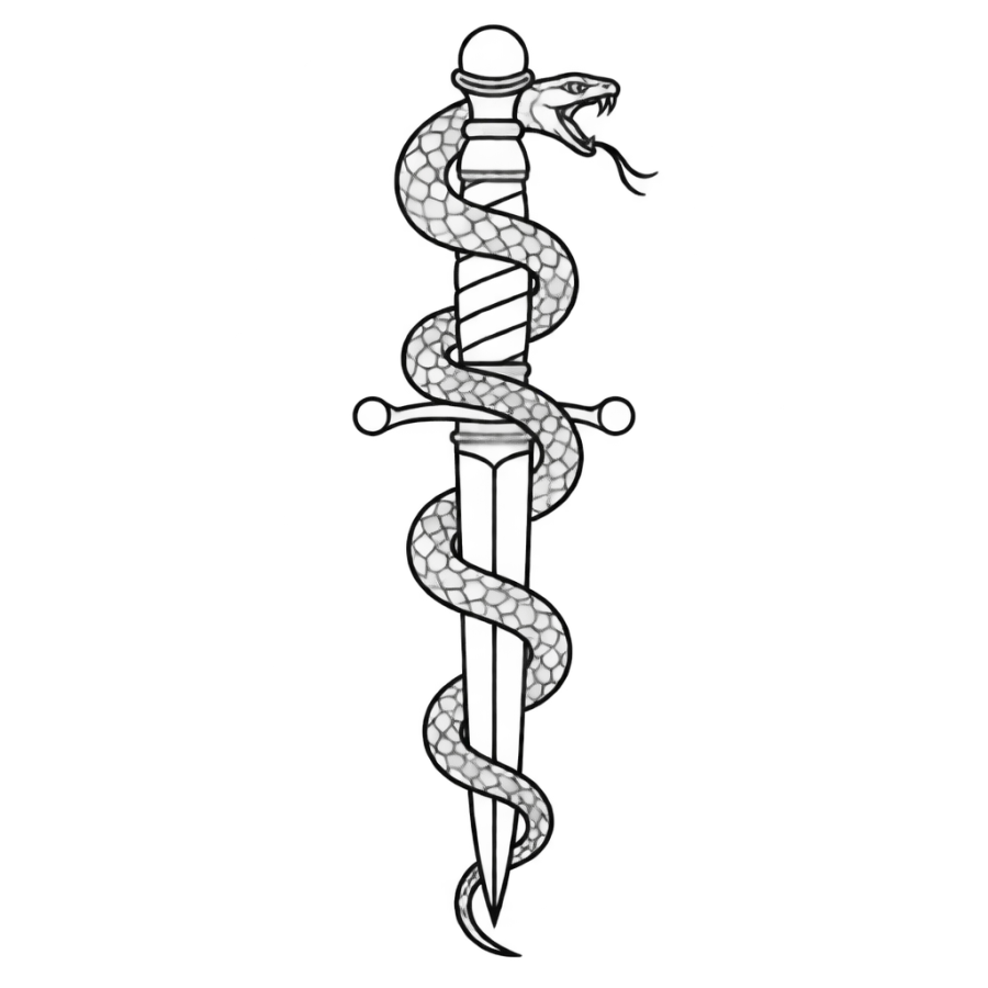 Tattoo stencil drawing of a serpent coiled around a dagger in outline