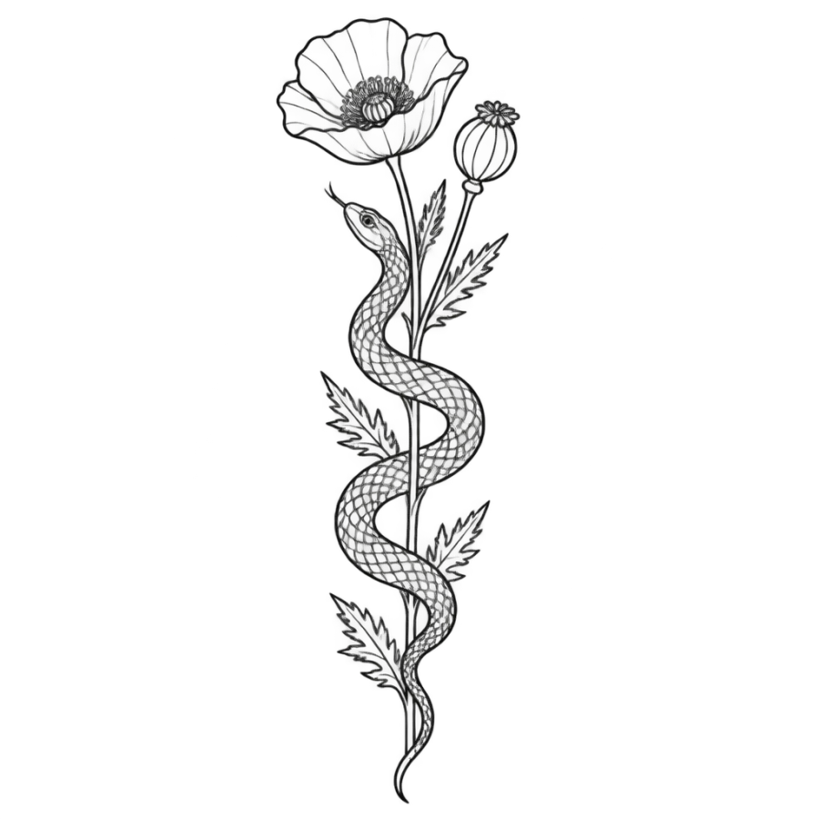 Tattoo stencil outline of a snake coiled around a flowering poppy stem